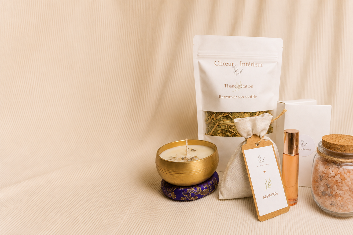 Les essentiels Chœur Intérieur : bougie, tisane, pochon, roll-on et sel de bain
